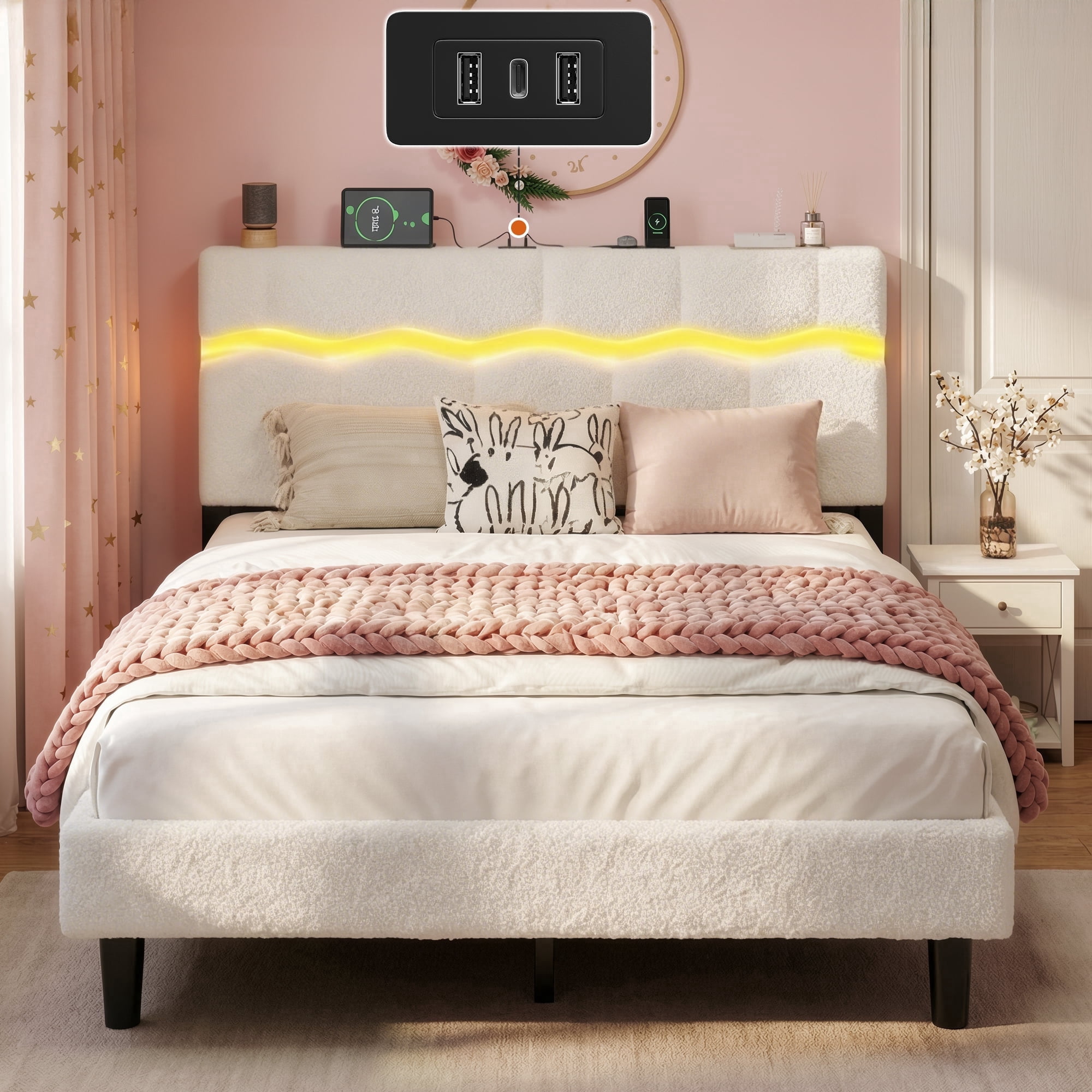 Upholstered Bed Frame with Headboard Full Size Bed Frame with LED ...