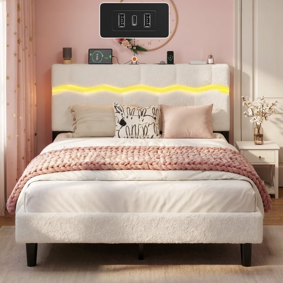 Upholstered Bed Frame with Headboard Full Size Bed Frame with LED Lights & Charge Station & Storage Platform,Beige