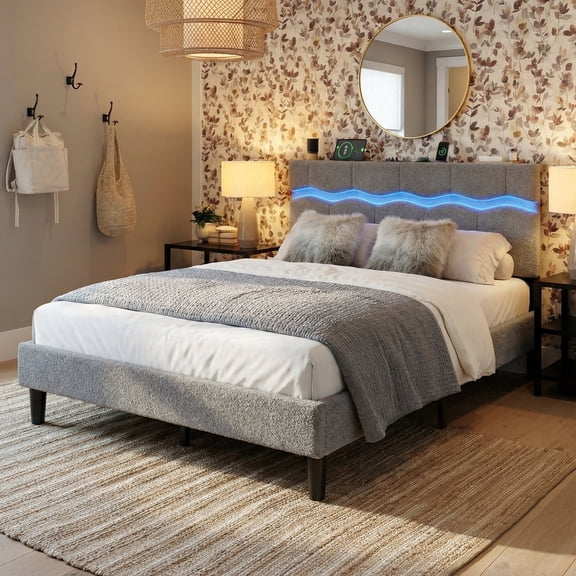 Upholstered Bed Frame with Headboard Full Size Bed Frame with LED Lights & Charge Station & Storage Platform,Grey