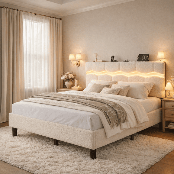 Upholstered Bed Frame with Headboard King Size Bed Frame with LED Lights & Charge Station & Storage Platform,Beige