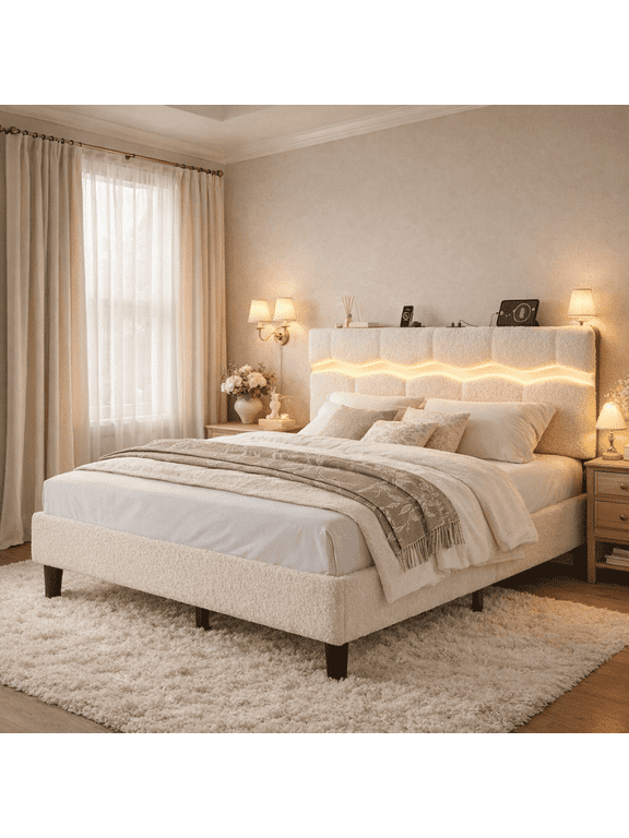 Upholstered Bed Frame with Headboard King Size Bed Frame with LED Lights & Charge Station & Storage Platform,Beige