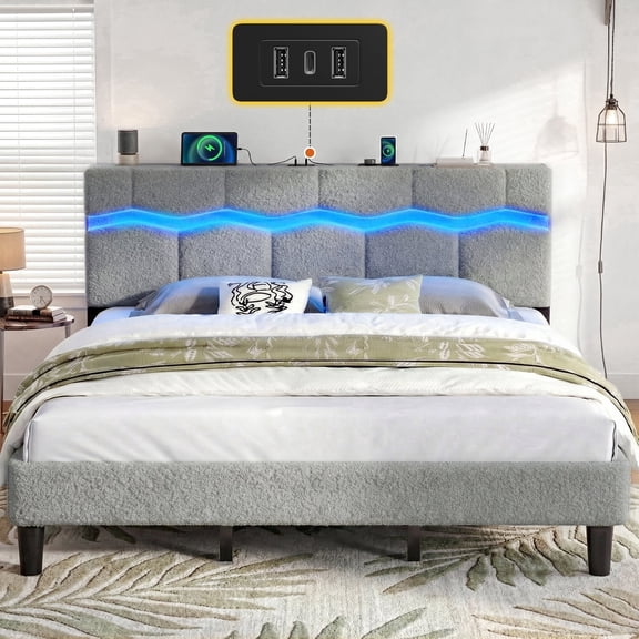 Upholstered Bed Frame with Headboard King Size Bed Frame with LED Lights & Charge Station & Storage Platform,Grey