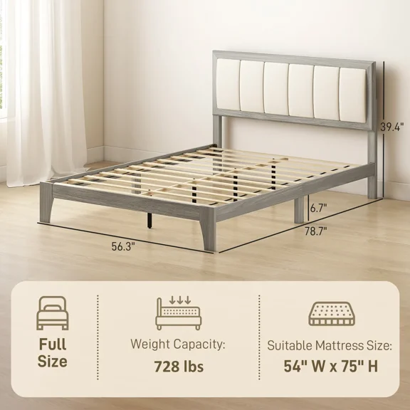 Upholstered Bed Frame with Headboard, Linen-Look Fabric Wood Grain Bed, 726 lbs Capacity No Box Spring Needed Bed Frame for Bedroom