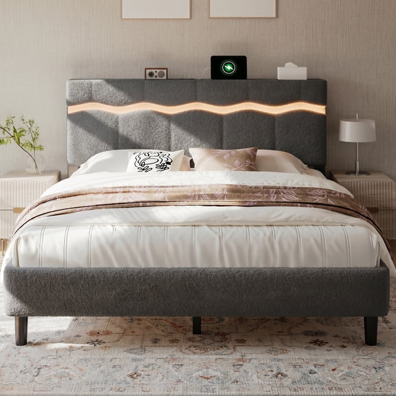 Upholstered Bed Frame with Headboard Queen Size Bed Frame with LED Lights & Charge Station & Storage Platform,Grey