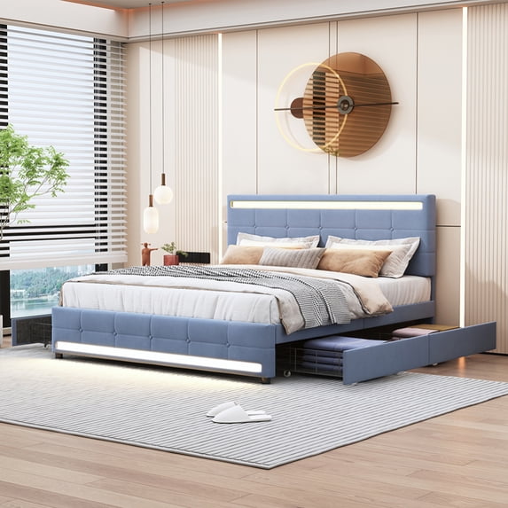 Upholstered Bed Frame with LED Light, 4 Drawers, Type C USB Ports and Headboard, Full Size