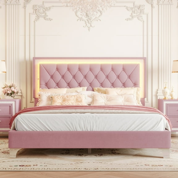 Upholstered Bed Frame with LED Lights,Modern Velvet Platform Bed with Tufted Headboard,Pink