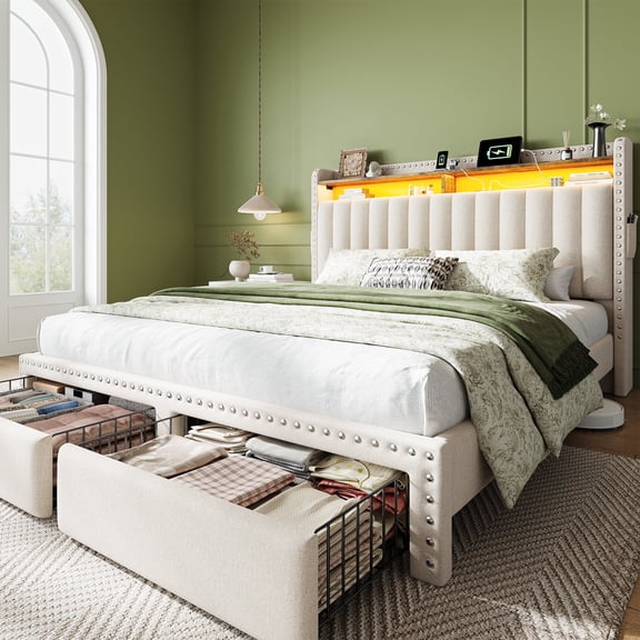 Queen Size Bed Frame with 2 Storage Drawers Upholstered Bed Frame with 2-Tier Storage Headboard & Charge Station & LED Light,Beige