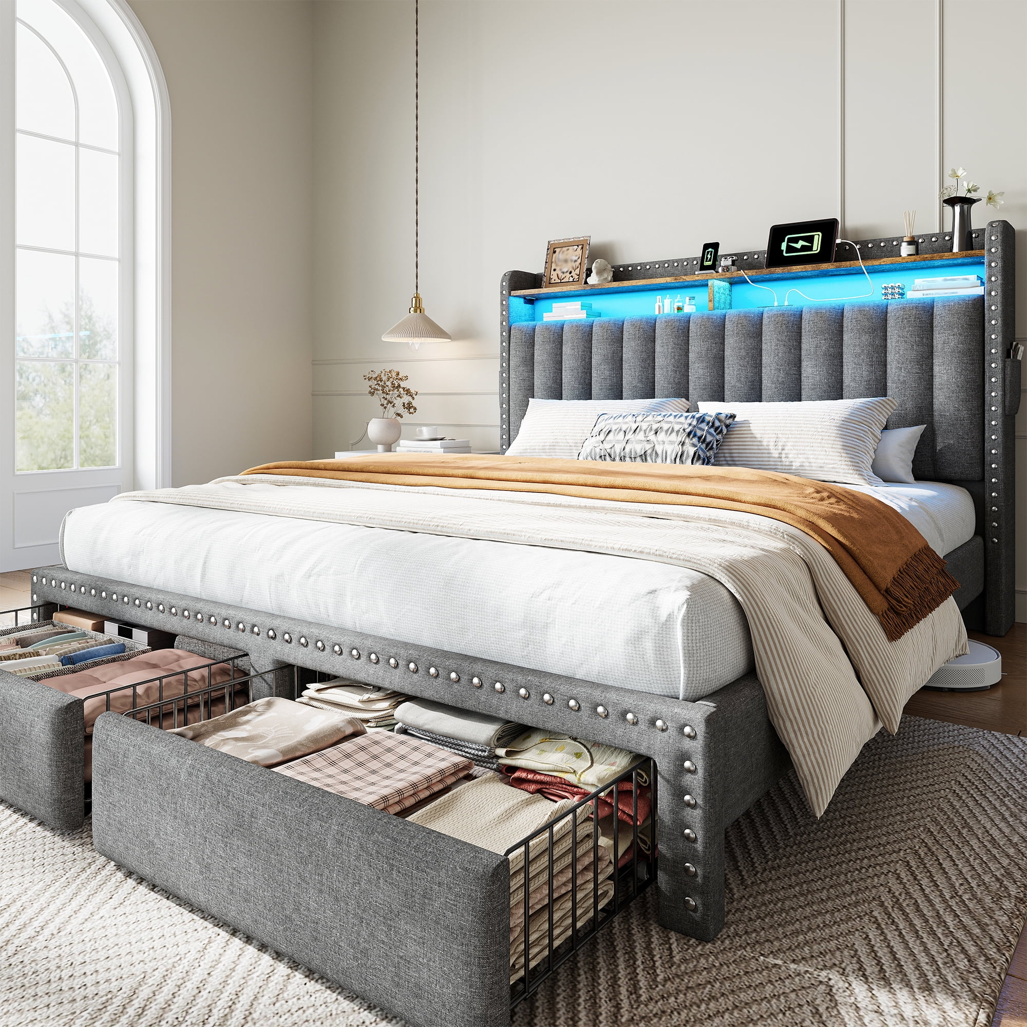 Queen Size Bed Frame with 2 Storage Drawers Upholstered Bed Frame with 2-Tier Storage Headboard & Charge Station & LED Light,Grey