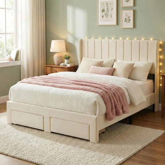 Upholstered Bed Frame with Storage Drawer, Heavy-Duty Steel Framework & Wooden Slats, Tufted Headboard, No Box Spring Needed