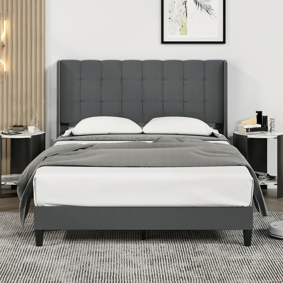 Upholstered Bed Frame with Tufted Headboard and Wingback, Strong Wood Slat Support, No Box Spring Needed, Easy Assembly, Dark Gray