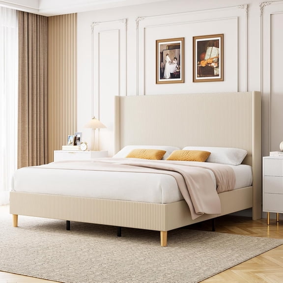 Upholstered Bed Frame with Wingback Headboard, Platform Bed Frame Corduroy, No Box Spring Needed, Wooden Slats Support, Easy Assembly, Cream Beige