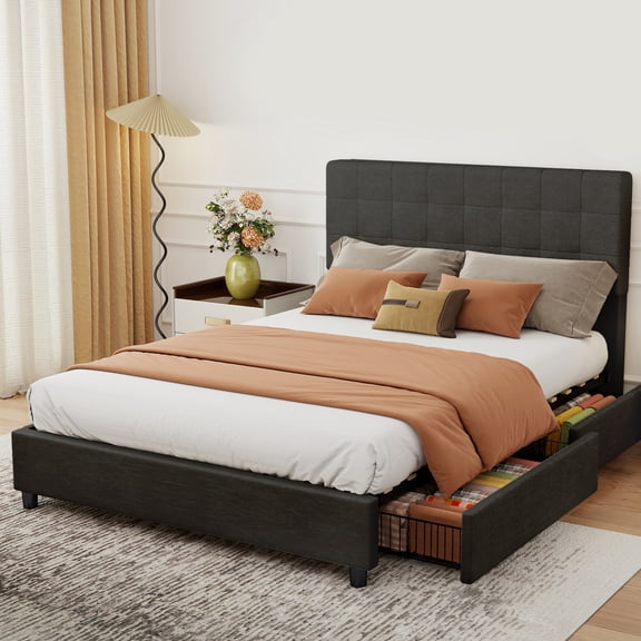 Upholstered Bed with Headboard 4 Storage Drawers Vertical Channel Design Under Bed Storage with Wheels for Bedroom Organization