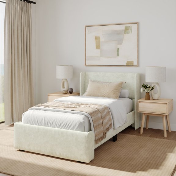 Upholstered Bed with Rectangular Headboard (Twin), Cream