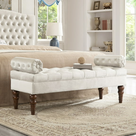 Upholstered Bedroom Bench With Design - Solid Wood And Champagne Velvet Upholstery Seat Buttons Frame For Durability