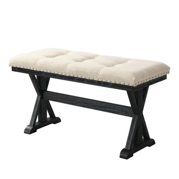 Upholstered Beige Linen Fabric Counterheight Bench with Tufts