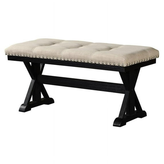 Upholstered Beige Linen Fabric Dining Bench with Tufts and Dark Espresso Base