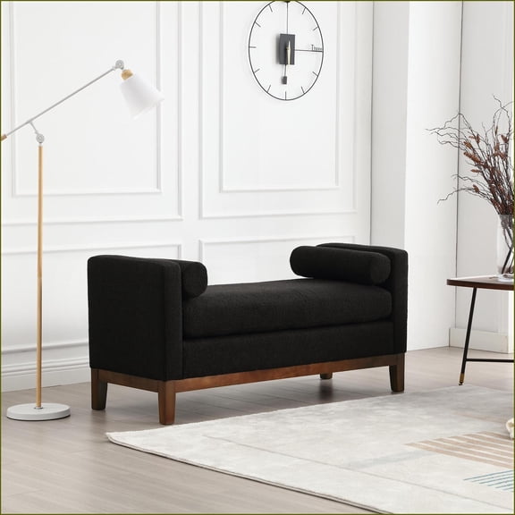 Upholstered Bench 53.5"W Elegant Fluted Wood with Bolster Pillows & Wood Legs for End of Bed, Bedroom, Living Room, Entryway | Black | Boucle