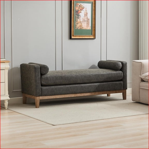 Upholstered Bench 66.34"W Retro Classic Style with 2 Bolster Pillows, Weathered Rubberwood Legs, 450lb Capacity for Bedroom Living Room Entryway | Slate Gray | Polyurethane(PU)
