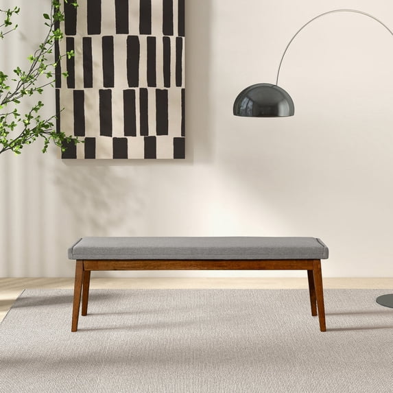 Upholstered Bench for End of Bed, 56.1 Inch Ash Grey Fabric Bedroom Bench with Foam Padded Seat, Mid-Century Modern Solid Wood Base, Entryway Bench with Solid Wood Legs, Brown and Light Gray