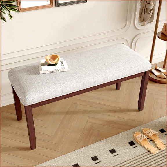 Bench, 38-Inch Mid-Century Upholstered Bench for Bedroom Entryway Living Room Dining Room | Beige Linen | Cherry Wood Legs | Linen | Cherry