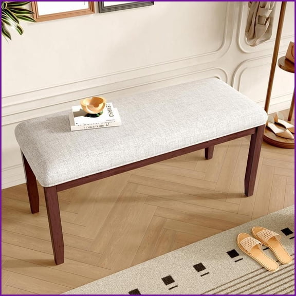 Upholstered Bench Padded Beige Seat Solid Rubberwood Legs | Mid-Century Modern | Cherry