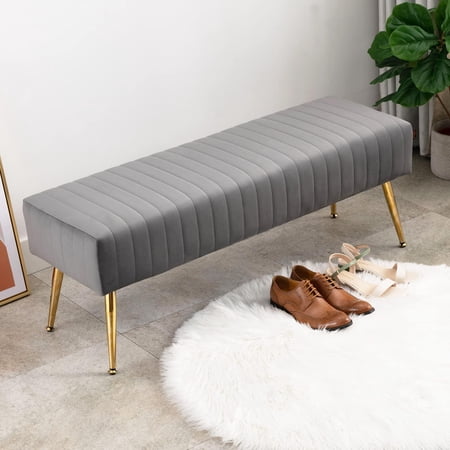 Upholstered Bench, SYNGAR Modern Gray Velvet Fabric Ottoman Bench with Gold Metal Legs, Bedroom Footrest End of Bed, 45 inches Bench for Entryway, Living Room
