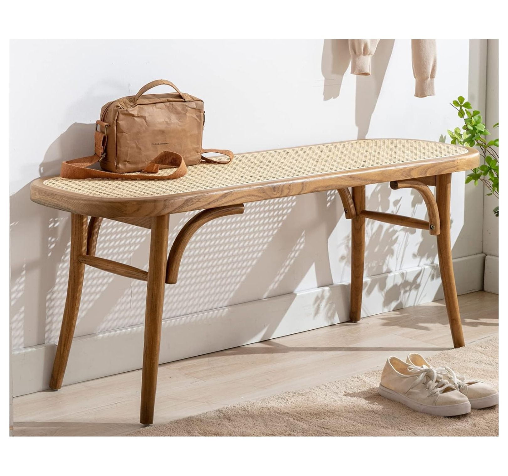 Upholstered Bench Wicker Rattan Entryway Bench Rustic Solid Wood 45 ...