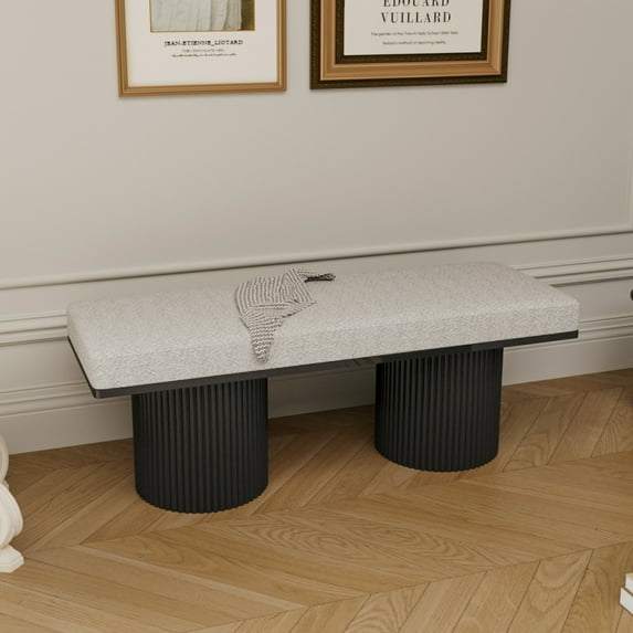 Upholstered Bench with Chunky Legs Light Grey Boucle Fabric Contemporary Style Bed-end Bench for Bedroom Living Room, Natural Wood