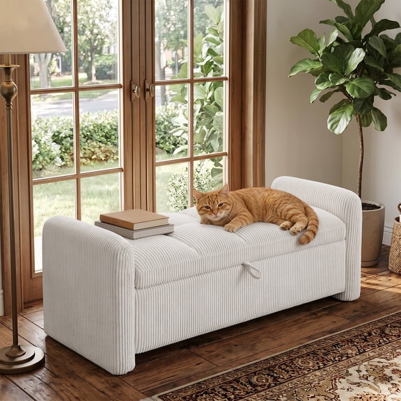 Hobooment 51" Corduroy Storage Bench Ottoman with Cushion for Bedroom, Beige