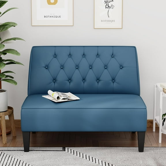Upholstered Blue Loveseat Bench Couch for Bedroom, Modern Cushioned Armless Settee Small Love Seat Sofa Faux Leather Living Room Couch