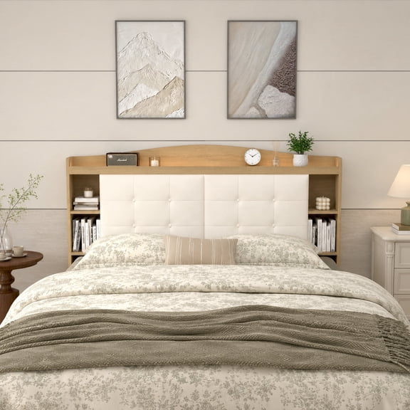 Upholstered Bookcase Headboard for Full Size Bed Only, Wood Bed Headboard with Storage Shelves, RGB LED Lights, AC & USB Charging Station, AntiTip Design for Bedroom