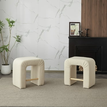 Upholstered Boucle Stools with Footrest, Wood Frame, Beige