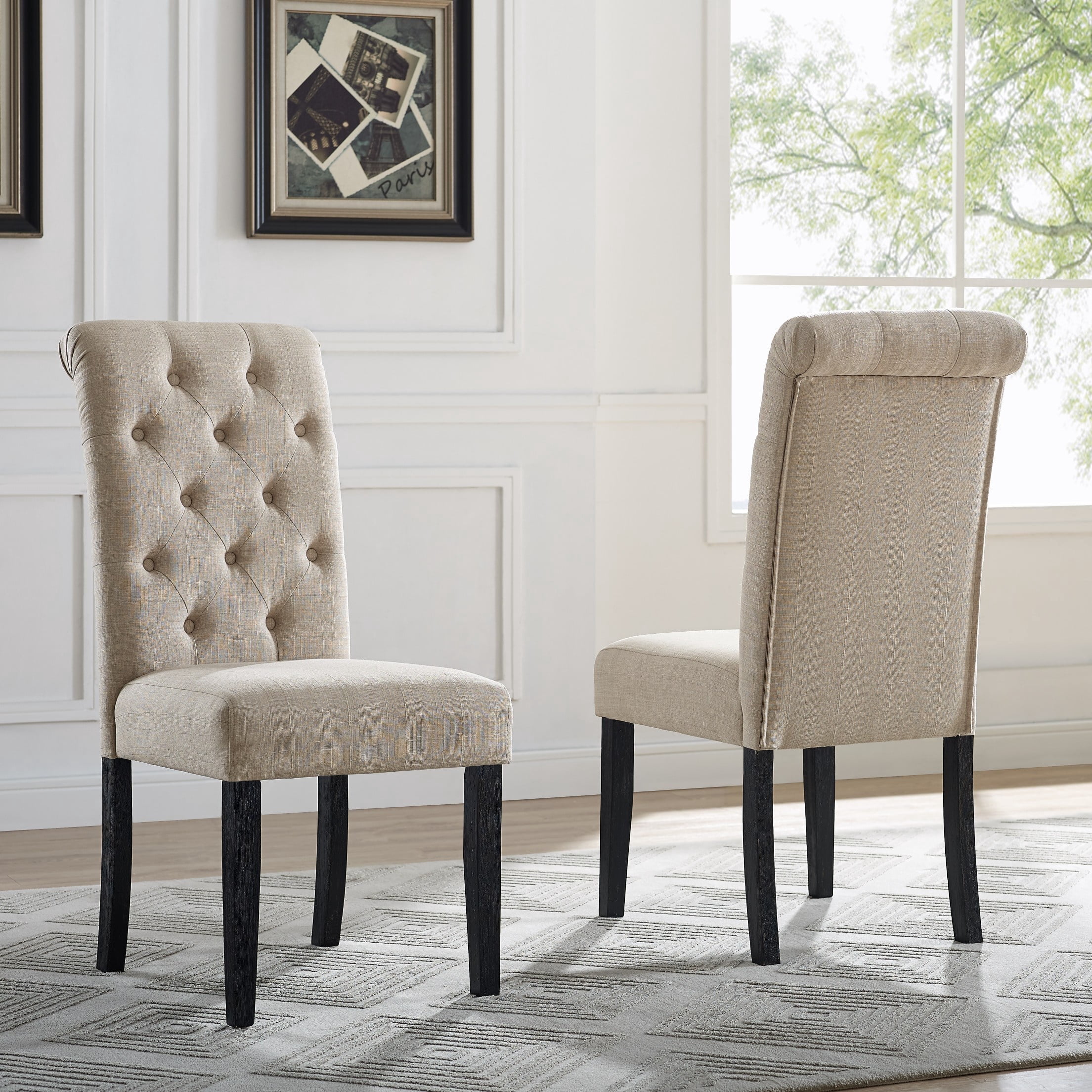 Upholstered Button Dining Chairs Set of 2, 38.5'' x 19.5'' x 17.5'' Tufted High Back Padded Dining Chairs w/Wood Legs, Linen Fabric Dining Side Chair, for Home/Kitchen/Living Room, 330 Lbs, S7119