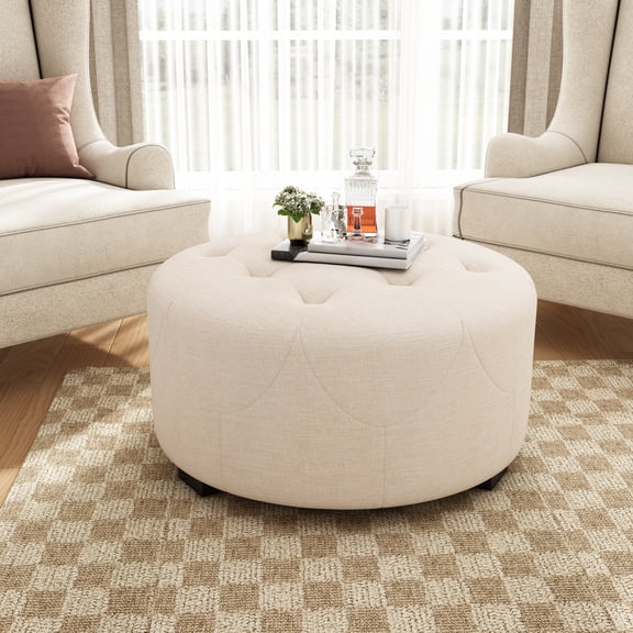 Upholstered Button Tufted Round Ottoman, Beige, Small version