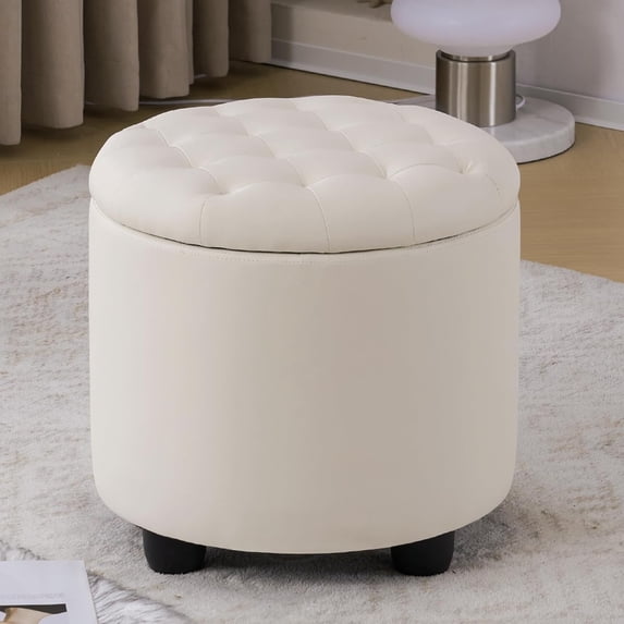 Upholstered Button Tufted Round Ottoman, PU Storage Ottoman Round, Removable Lid Convenient Footstools, Classic Ottoman with Storage for Vanity, Nursery Room,IvoryWhite