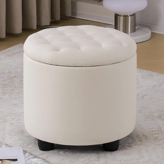 Upholstered Button Tufted Round Ottoman, PU Storage Ottoman Round, Removable Lid Convenient Footstools, Classic Ottoman with Storage for Vanity, Nursery RoomIvoryWhite