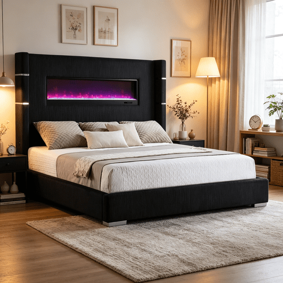 Upholstered California King Platform Bed with Remote Controlled LED Light Panel for Modern Primary Bedroom
