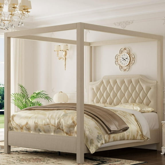 Upholstered Canopy Bed Frame Full Size with Headboard, Button Tufted, Nailhead Trim Design, No Box Spring Required