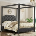 thumbnail image 1 of Upholstered Canopy Bed Frame Full Size with Headboard, Button Tufted, Nailhead Trim Design, No Box Spring Required, 1 of 6