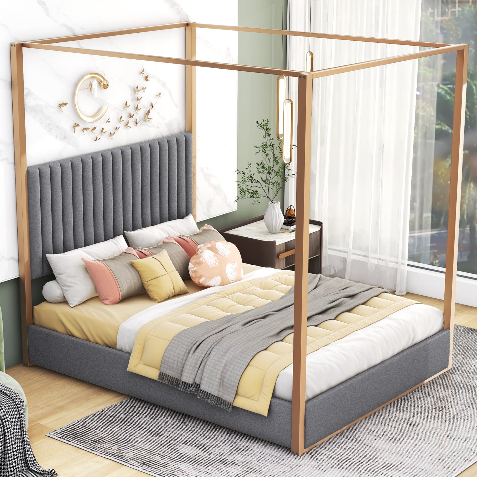 Upholstered Canopy Bed Frame Queen, Four Poster Bed with Metal Frame