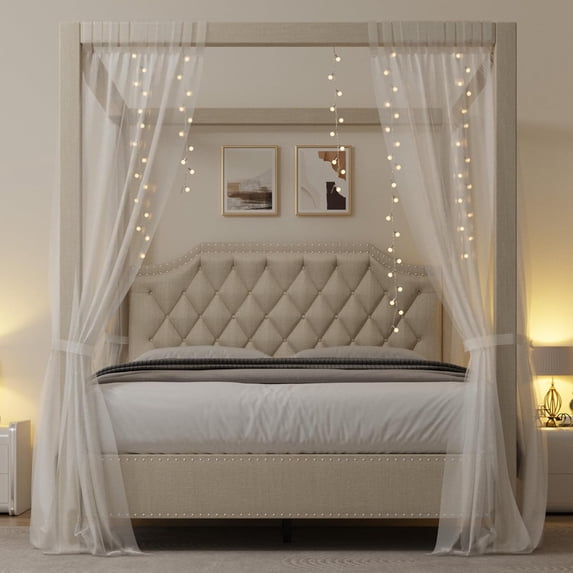 Upholstered Canopy Bed Frame Queen Size with headboard, Button Tufted, Nailhead Trim Design, No Box Spring Required, Beige