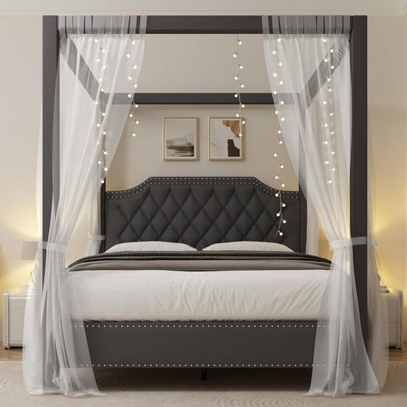 Upholstered Canopy Bed Frame Queen Size with headboard, Button Tufted, Nailhead Trim Design, No Box Spring Required, Gray