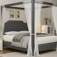 thumbnail image 1 of Upholstered Canopy Metal Bed Frame Queen Size with Headboard, Button Tufted, Nailhead Trim Design, No Box Spring Required,Dark Grey with Sturdy Steel Slats, 1 of 9