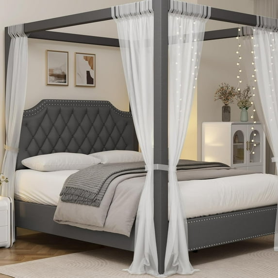 Upholstered Canopy Metal Bed Frame Queen Size with Headboard, Button Tufted, Nailhead Trim Design, No Box Spring Required,Dark Grey with Sturdy Steel Slats
