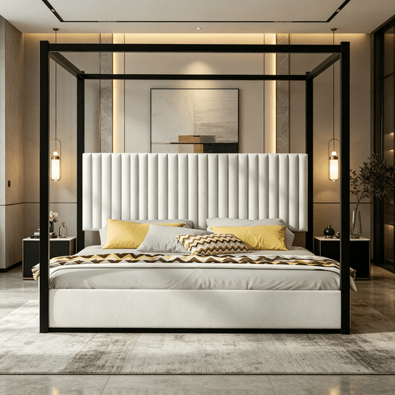 Upholstered Canopy Platform Bed Frame with Headboard for King Size Mattress, Modern Velvet Fabric and Metal Posts for Master or Guest Bedroom