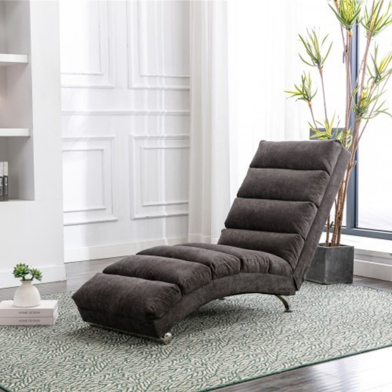 Upholstered Chaise Lounge Chair with Vibration, Modern Fabric Leisure Recliner with Ergonomic Fixed Back, Side Pocket & Lumbar Pillow, 300 lbs Capacity, Dark Gray