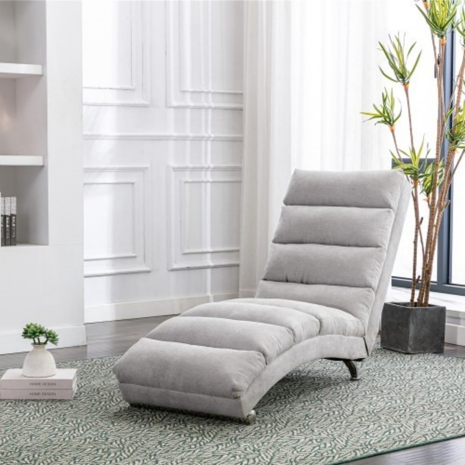 Upholstered Chaise Lounge Chair with Vibration, Modern Fabric Leisure Recliner with Ergonomic Fixed Back, Side Pocket & Lumbar Pillow, 300 lbs Capacity, Light Gray