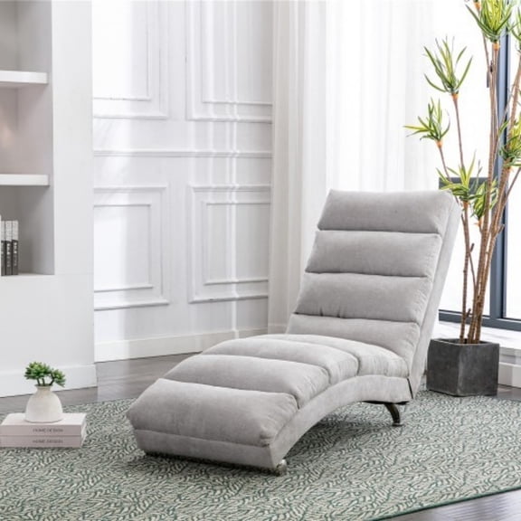 Upholstered Chaise Lounge Chair with Vibration, Modern Fabric Leisure Recliner with Ergonomic Fixed Back, Side Pocket & Lumbar Pillow, 300 lbs Capacity, Light Gray