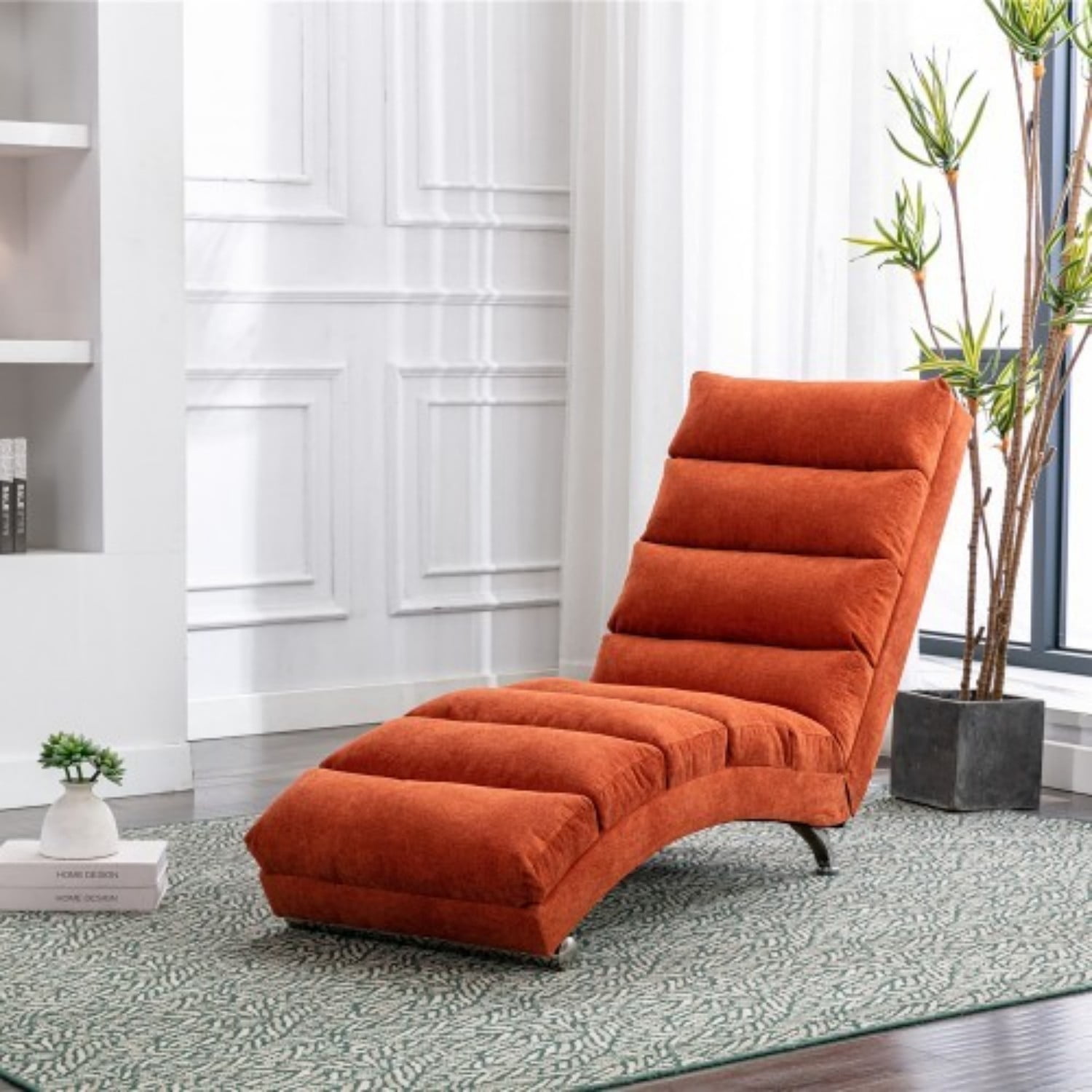 Upholstered Chaise Lounge Chair with Vibration, Modern Fabric Leisure Recliner with Ergonomic Fixed Back, Side Pocket & Lumbar Pillow, 300 lbs Capacity, Orange