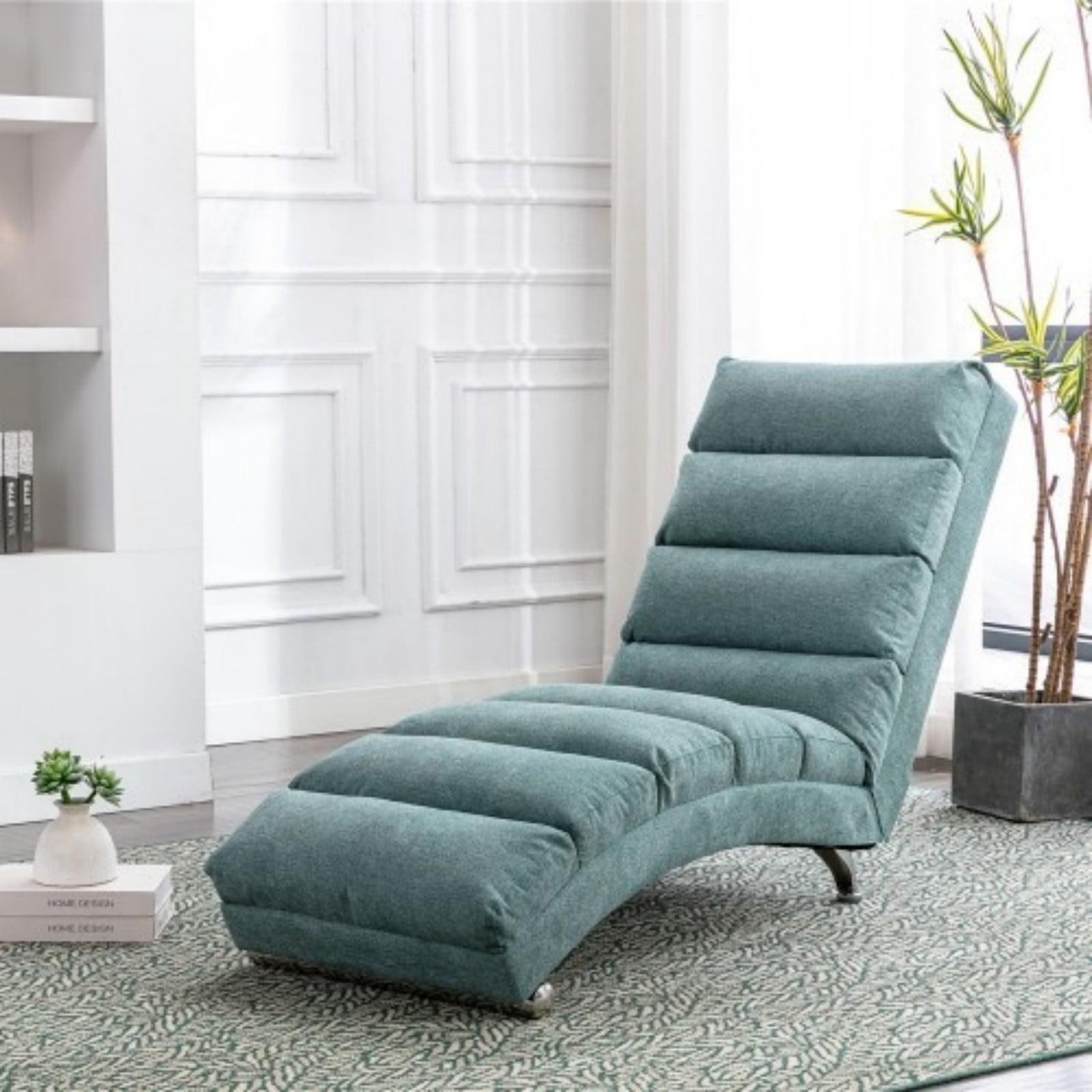Upholstered Chaise Lounge Chair with Vibration, Modern Fabric Leisure Recliner with Ergonomic Fixed Back, Side Pocket & Lumbar Pillow, 300 lbs Capacity, Teal
